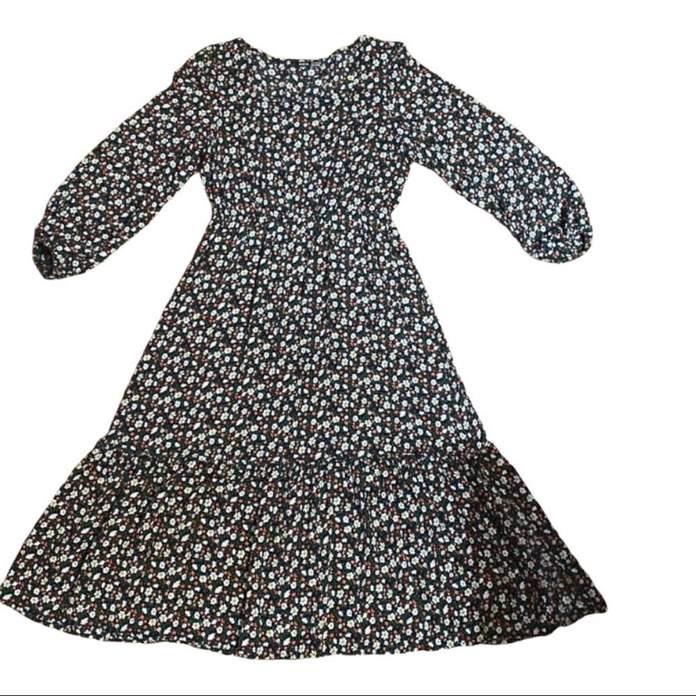Shien Square Neck Flounce Full Dark Mini Foral Print Balloon Sleeves Dress  Sz 6